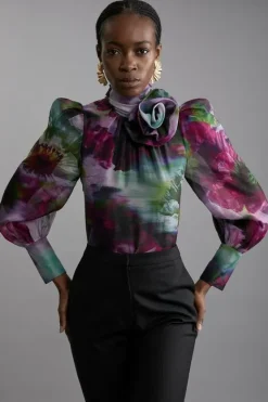 Karen Millen Blurred Tie Detail Woven Organdie Blouse floral Fashion