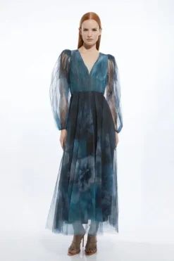 Karen Millen Blurred Tulle Plunge Maxi Dress floral Outlet