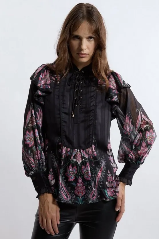 Karen Millen Boho Woven Blouse With Lace Front Detail floral Clearance
