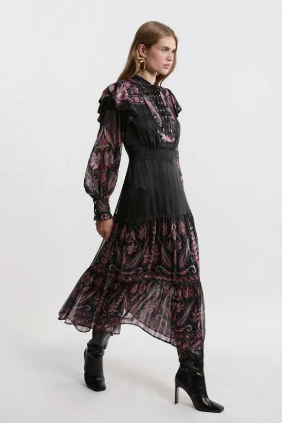 Karen Millen Boho Woven Midaxi Dress With Lace Front Detail floral Fashion