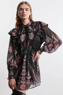 Karen Millen Boho Woven Mini Dress With Lace Front Detail floral Fashion