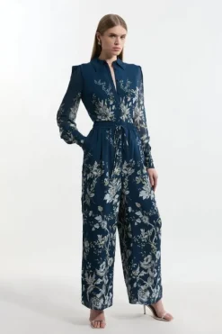 Karen Millen Border Print Viscose Piped Woven Wide Leg Pants darknavy Discount