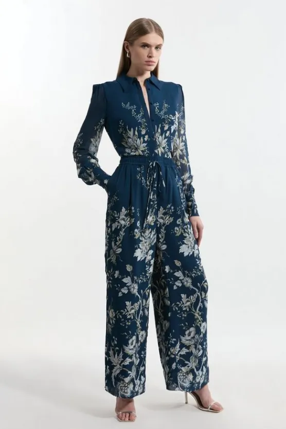 Karen Millen Border Print Viscose Piped Woven Wide Leg Pants darknavy Discount