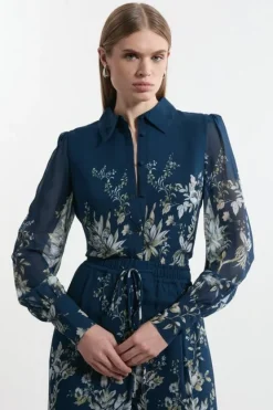 Karen Millen Border Print Viscose Piped Woven Shirt Balloon Sleeve Shirt darknavy Fashion