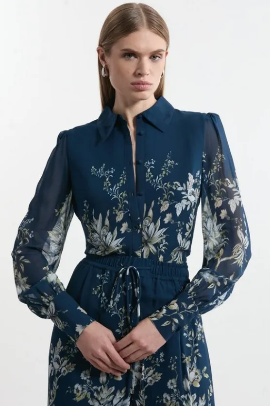 Karen Millen Border Print Viscose Piped Woven Shirt Balloon Sleeve Shirt darknavy Fashion