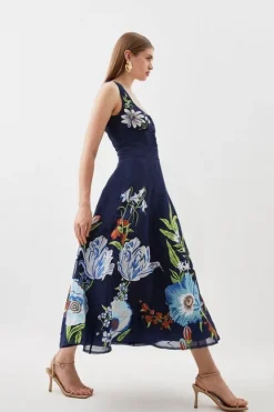 Karen Millen Botanical Embroidery Organdie Strappy Midi Dress navy Online