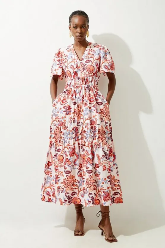 Karen Millen Botanic Floral Cotton Woven Maxi Dress red Best