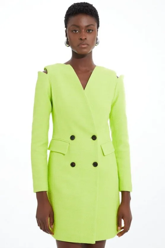 Karen Millen Boucle Cut Out Shoulder Tailored Double Breasted Blazer Mini Dress lime Clearance