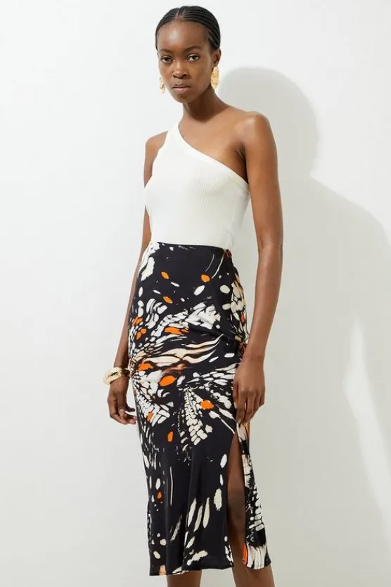 Karen Millen Butterfly Printed Viscose Crepe Woven Maxi Skirt black Discount