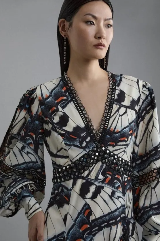 Karen Millen Butterfly Print Lace Insert Trim Woven Midaxi Dress blue Sale