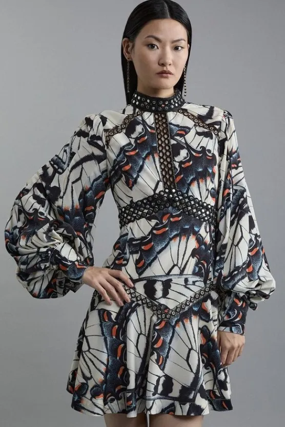 Karen Millen Butterfly Print Lace Insert Trim Woven Mini Dress blue Hot