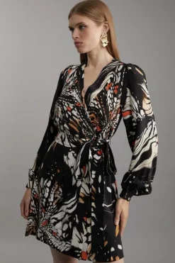 Karen Millen Butterfly Print Viscose Crepe Woven Wrap Mini Dress black Fashion
