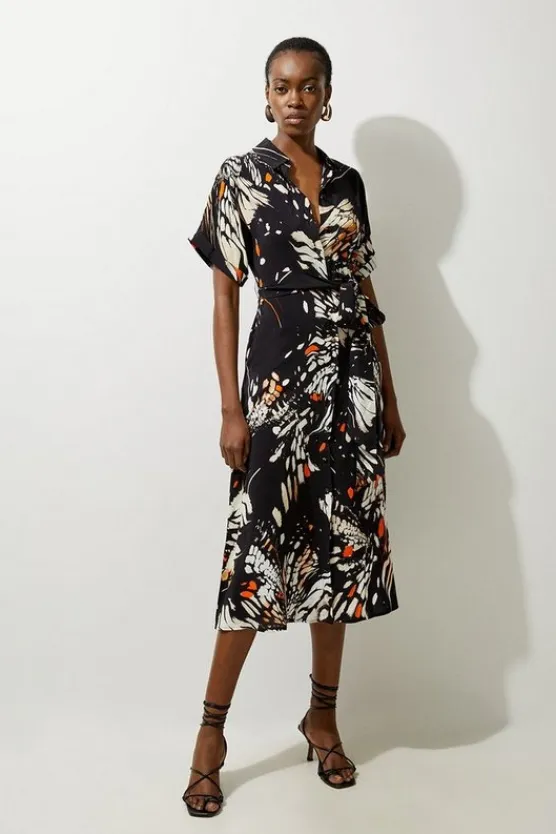 Karen Millen Butterfly Print Viscose Crepe Twist Front Midi Shirt Dress black Outlet