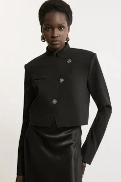 Karen Millen Button Detail Luxe Ponte Jersey Cropped Jacket black Discount