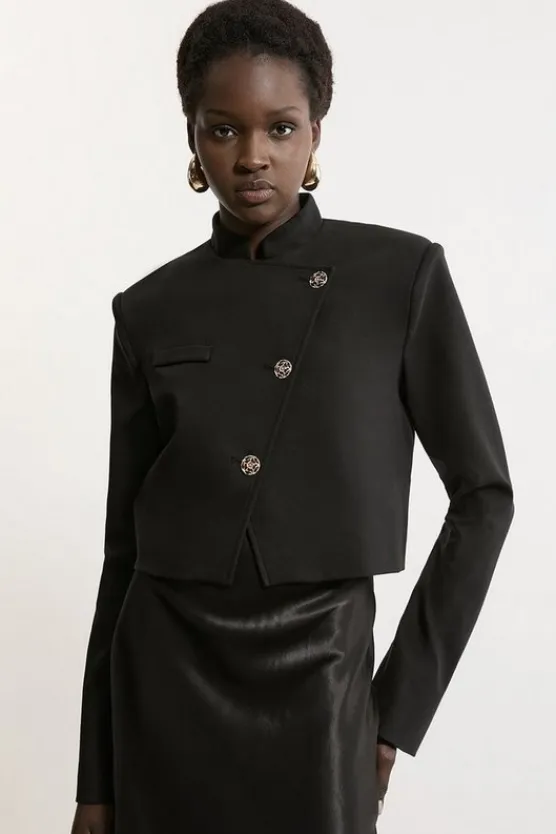 Karen Millen Button Detail Luxe Ponte Jersey Cropped Jacket black Discount