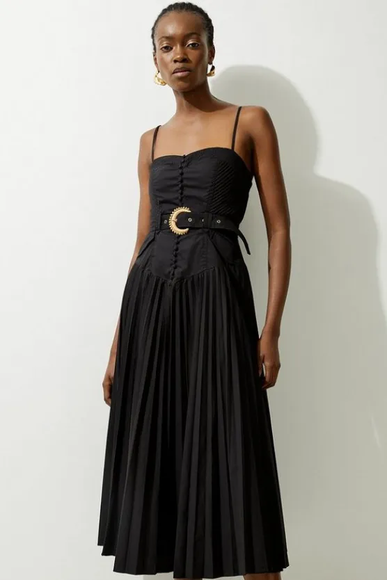 Karen Millen Button Detail Strappy Woven Midi Dress black Sale
