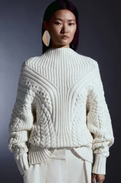 Karen Millen Cable Knit Balloon Sleeve Sweater ivory Clearance