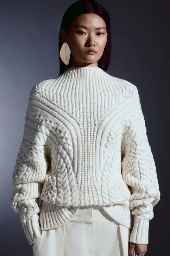 Karen Millen Cable Knit Balloon Sleeve Sweater ivory Clearance