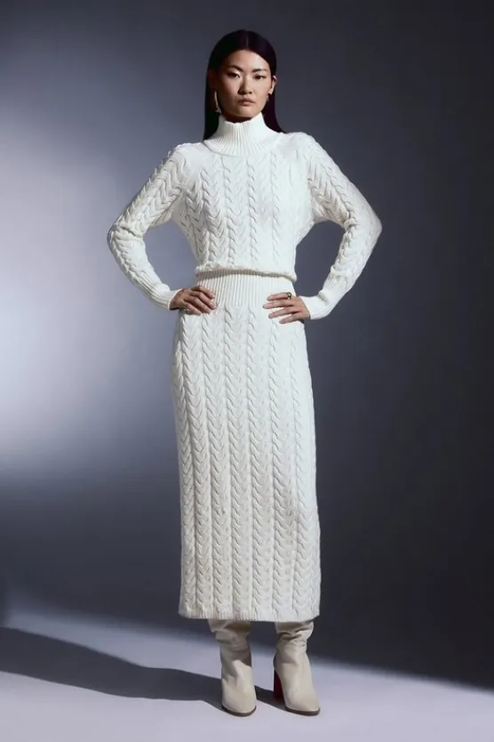 Karen Millen Cable Knit Funnel Neck Maxi Dress ivory New