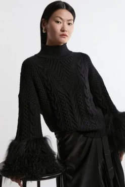 Karen Millen Cable Knit Viscose Blend Shearling Cuff Sweater black Best
