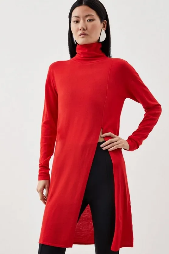 Karen Millen Cashmere Blend Deep Slip Longline Knit Top red Hot