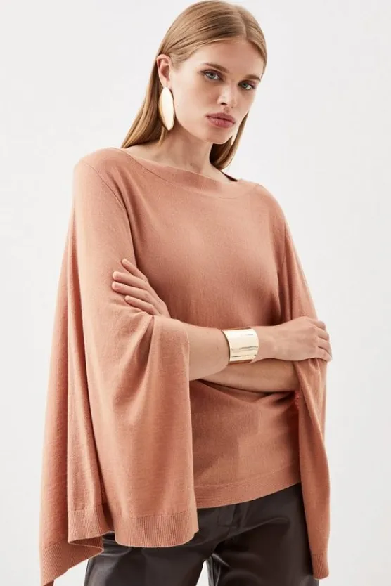 Karen Millen Cashmere Blend Drama Sleeve Slash Neck Knit Top camel Clearance