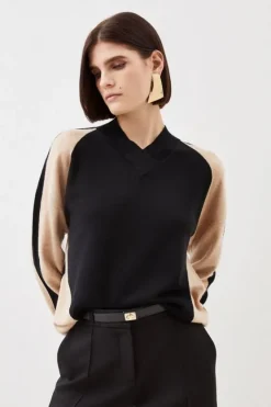 Karen Millen Cashmere Blend Knit High Neck Color Block Sweater black Fashion