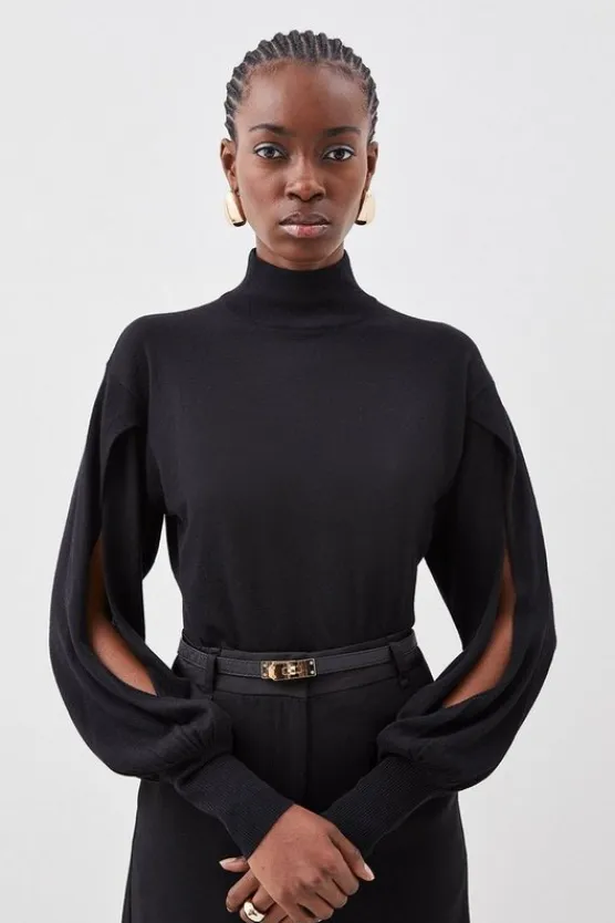 Karen Millen Cashmere Blend Turtleneck And Split Sleeve Knit Top black Sale