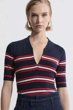 Karen Millen Cashmere Blend Zip Detail Knit Polo Top stripe Best