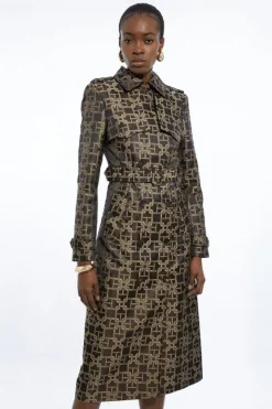 Karen Millen Chain Jacquard Tailored Double Breasted Belted Trench Midi Coat chocolate Hot