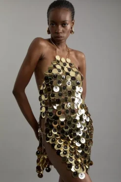 Karen Millen Chainmail Sequin Disc Mini Skirt gold Sale
