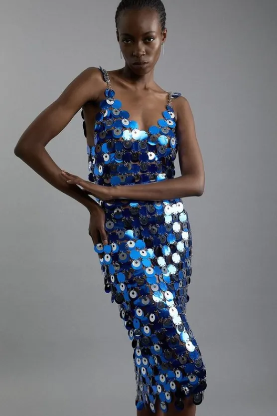 Karen Millen Chainmail Strappy Midi Dress blue Hot