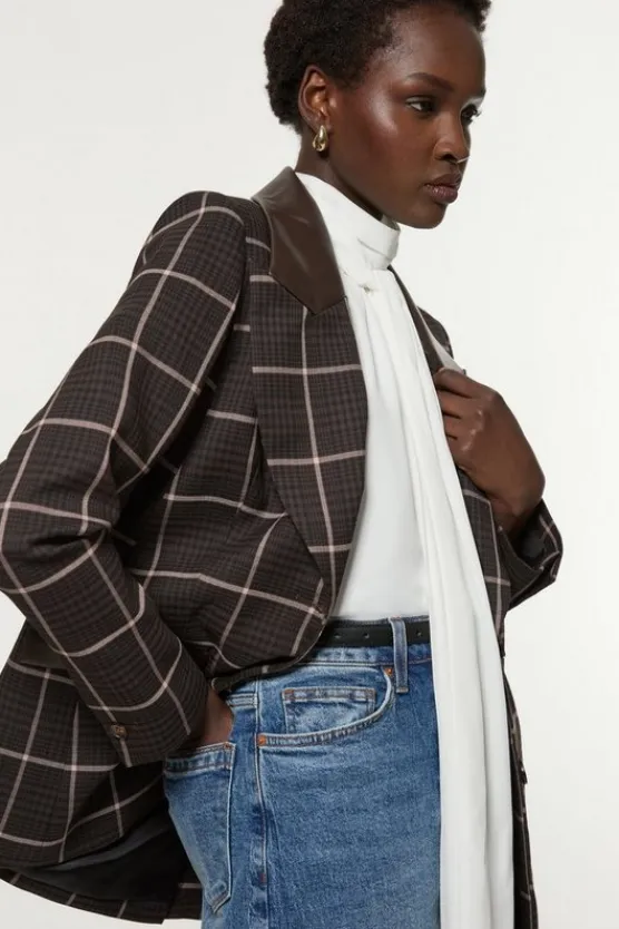Karen Millen Check Pu Mix Tailored Jacket brown Outlet