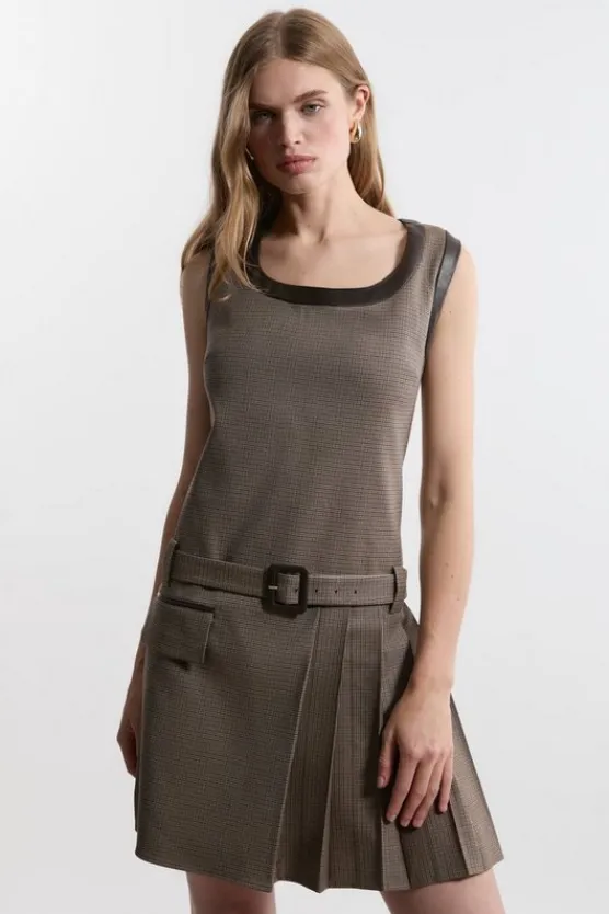 Karen Millen Check With Pu Trim Pleated Tailored Mini Dress multi Sale