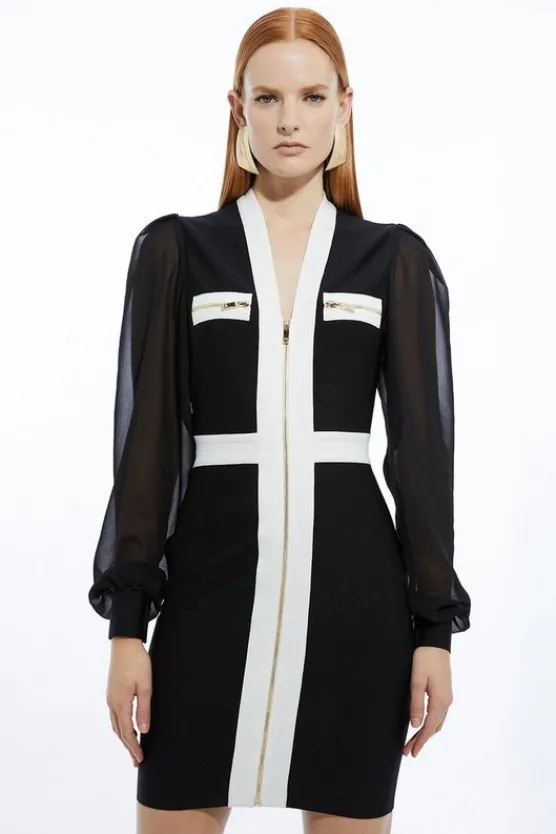 Karen Millen Chiffon Sleeve Zip Through Bandage Knit Midi Dress black Best