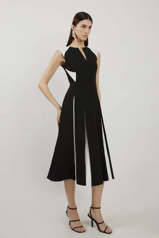 Karen Millen Clean Tailored Color Block Full Skirted Midi Dress mono Sale