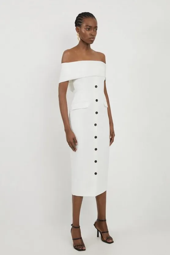 Karen Millen Clean Tailored Off The Shoulder Button Through Midi Dress ivory Best