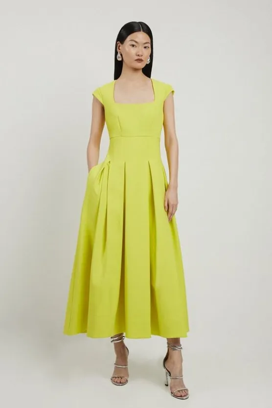 Karen Millen Clean Tailored Square Neck Full Skirted Midi Dress yellow Outlet