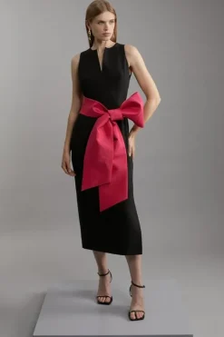 Karen Millen Clean Tailored Taffeta Contrast Bow Tie Waist Midi Dress black Sale