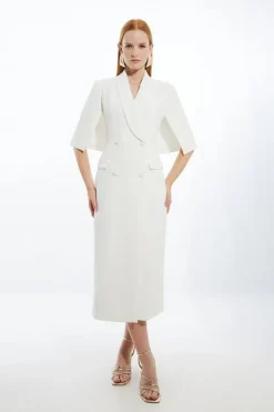 Karen Millen Clean Tailored Tuxedo Cape Sleeve Midi Blazer Dress ivory Clearance