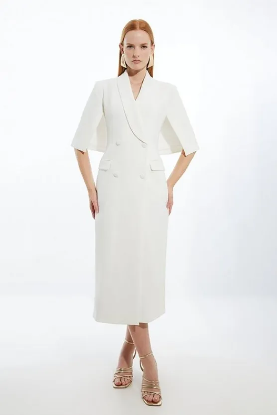 Karen Millen Clean Tailored Tuxedo Cape Sleeve Midi Blazer Dress ivory Clearance