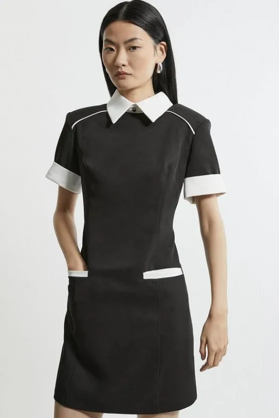 Karen Millen Collard Twill Strong Shoulder Woven Mini Dress black Discount