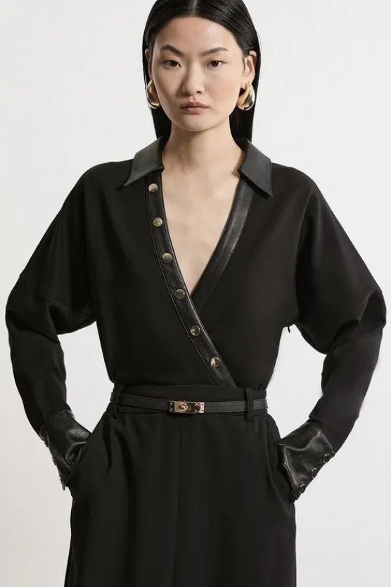 Karen Millen Collared V- Neck Pu And Ponte Bodysuit black Fashion