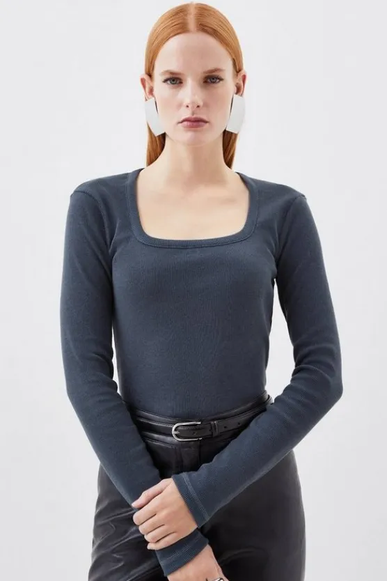 Karen Millen Compact Jersey Rib Square Neck Long Sleeve Top ink New