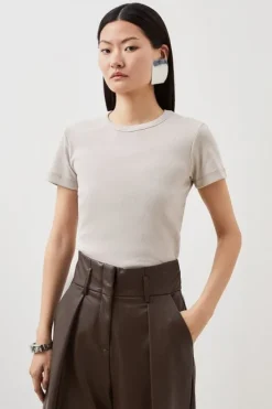 Karen Millen Compact Jersey Short Sleeve Ribbed Top neutral Discount