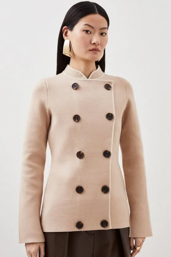 Karen Millen Compact Knit Wool Look Contrast Color Double Breasted Jacket camel Clearance