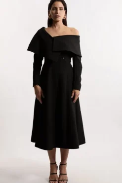 Karen Millen Compact Stretch Asymmetric Collar Long Sleeve Midaxi Dress black New