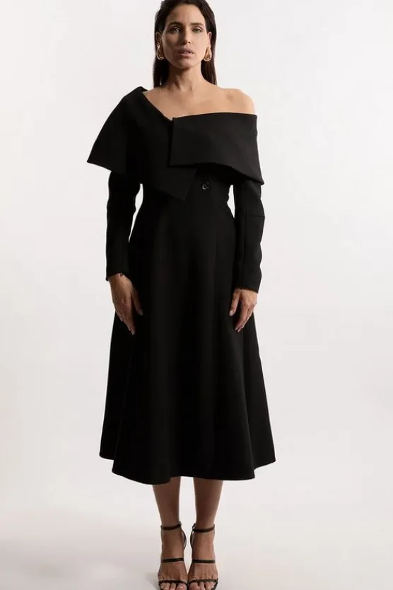 Karen Millen Compact Stretch Asymmetric Collar Long Sleeve Midaxi Dress black New