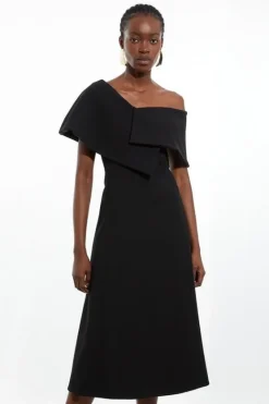 Karen Millen Compact Stretch Asymmetric Collar Tailored Full Skirt Maxi Dress black Hot