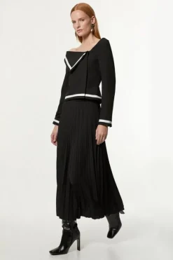 Karen Millen Compact Stretch Asymmetric Neck Color Block Pleated Tailored Midaxi Dress mono New